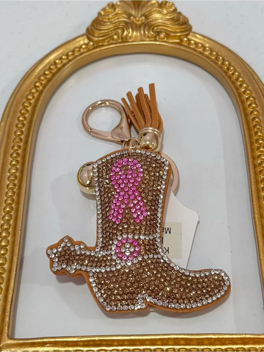 New Rhinestone Cowgirl Boot Keychain with Pink Cancer Ribbon